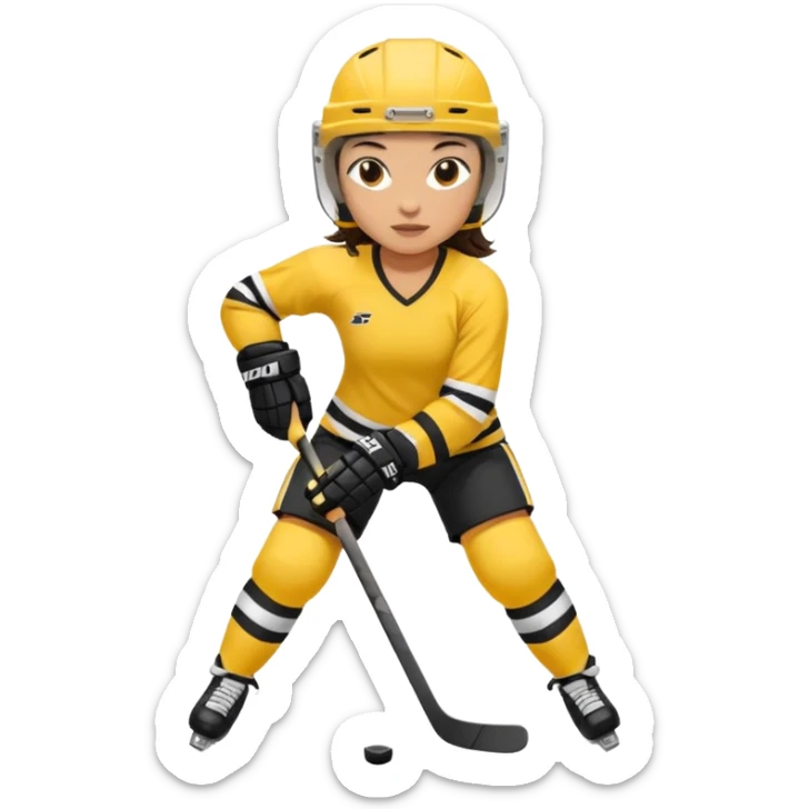 Girl hockey player with yellow and black jersey full body brunette with helmet sticker