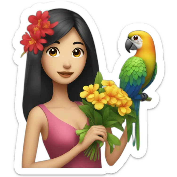Asian girl with dark hair with a bouquet and parrot  sticker