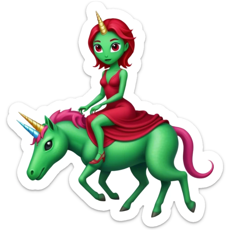"reptilian green alien woman" in "long slim dark red dress", rides, "unicorn white"
 sticker