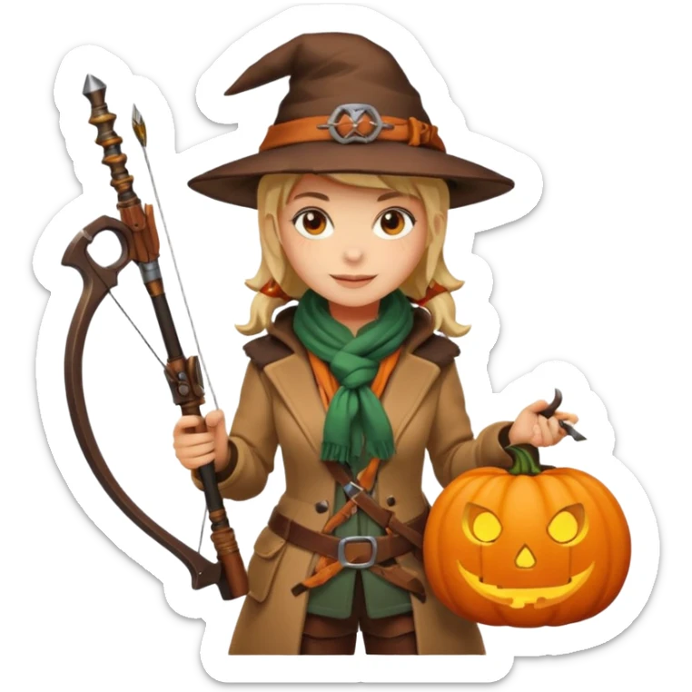 female human monster hunter emoji, wearing brown coat and hat, holding crossbow, soft smile, scarf, glowing pumpkin by her side, Halloween fantasy style, clean vector Apple emoji look, bright colors, white background, square sticker