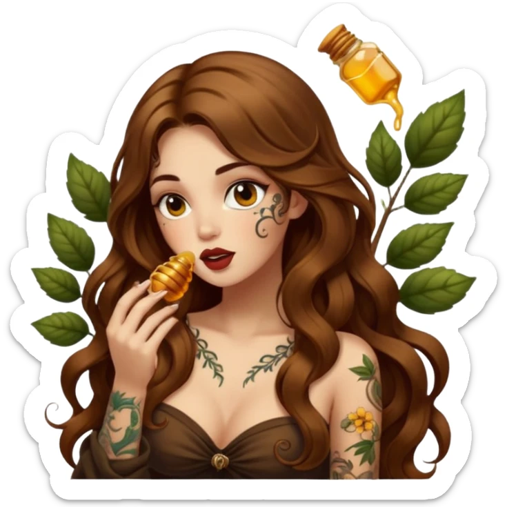 forest mystic woman long wavy brown hair tattoos licking honey from finger flirty sticker