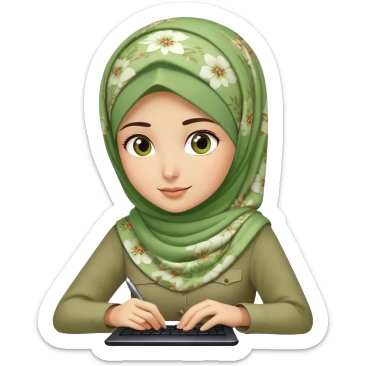 Turkish beautiful finish Konya girl green khaki hijab and light green floral dress and she work on office sticker