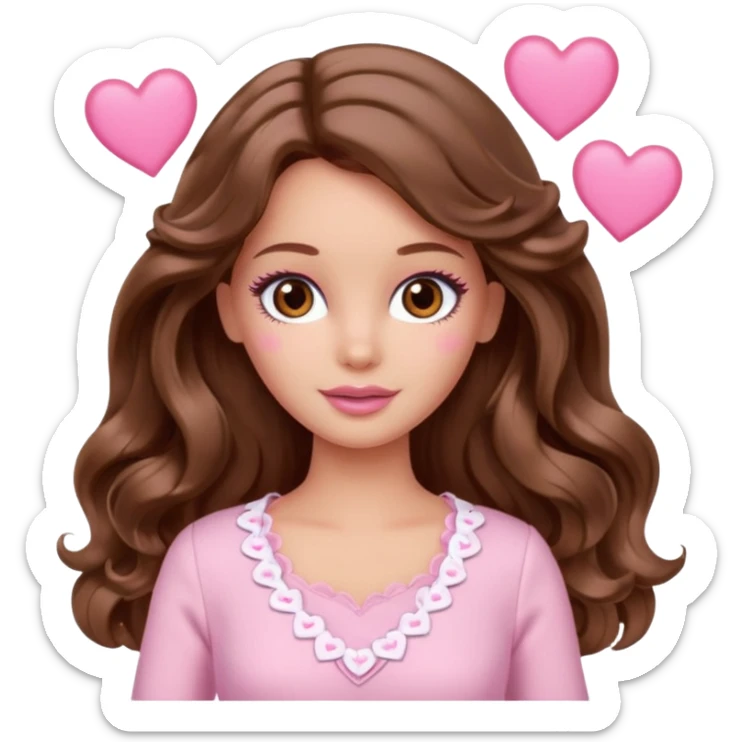 Barbie girl brown long straight wavy hair and brown eyes is In pale pink clothes There are pink hearts all around sticker