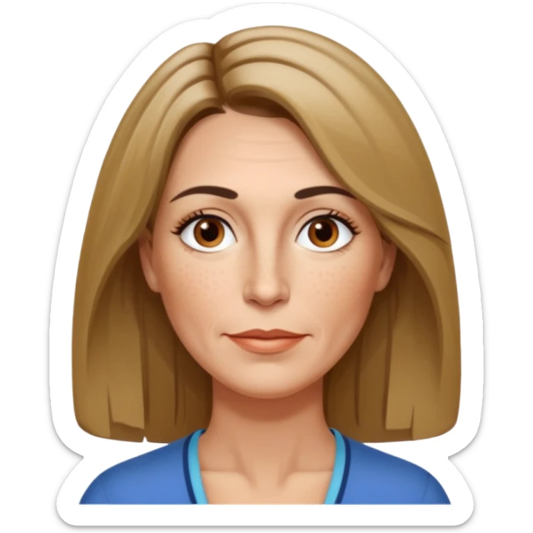 50 year old Caucasian woman with shoulder length brown hair and blond highlights and no bangs. Brown eyes with thin, black eyebrows. Medium size nose with a couple of freckles. Thin lips and slender shoulders. sticker