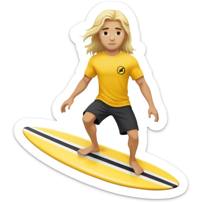 Man surfing on a yellow white board with long blond hair, yellow t-shirt with black Nike logo in center of chest, black baggy sweatpants. sticker
