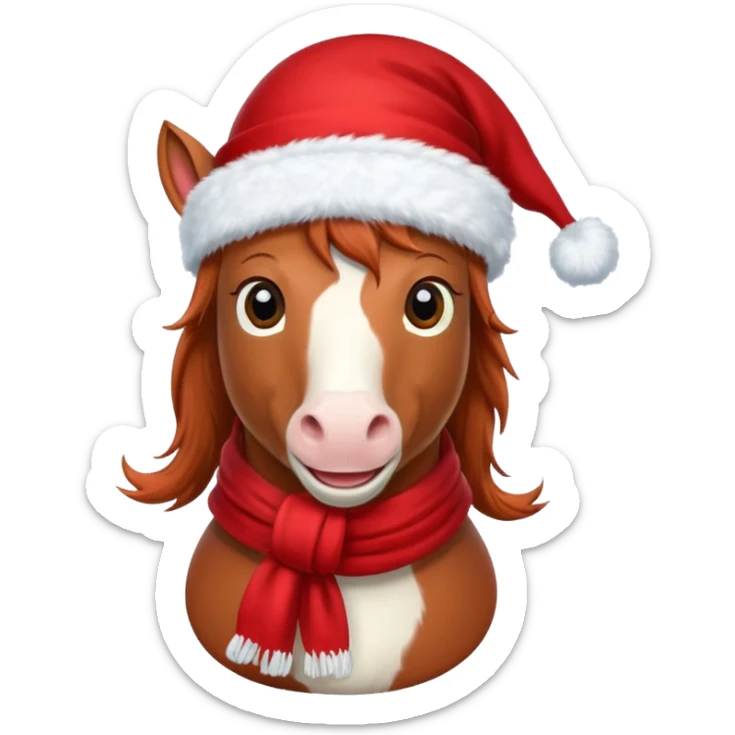 a fairy-tale funny winter horse in a red hat with a white scarf sticker