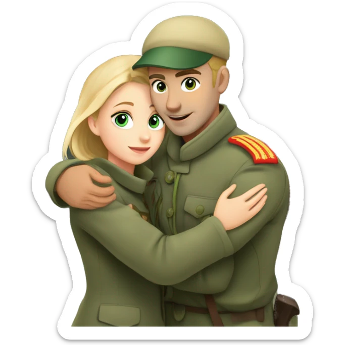 Russian soldier blond with blue eyes with a green military cap hugs a girl in a gray coat with brown hair and green eyes at the train station sticker