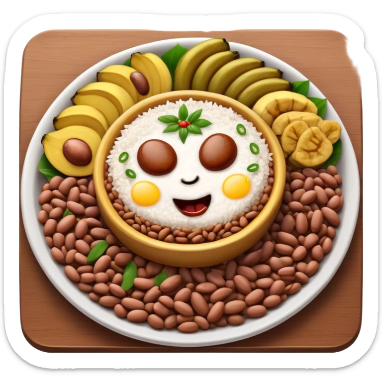 Cinematic Realistic Bandeja Paisa Dish Emoji, depicted as a hearty platter featuring beans, rice, meat, and plantains rendered with detailed textures and vibrant, robust lighting. sticker
