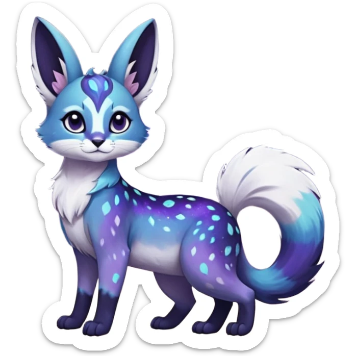 Colorful black-violet-indigo-purple-gradients nebulae nebula starry galactical shiny white-stars-spotted glorious iridescent divine exotic cute cool beautiful realistic Meloetta-caracal-civet-sergal-bunny-oncilla-animal-Fakémon-hybrid-fursona (full body) sticker