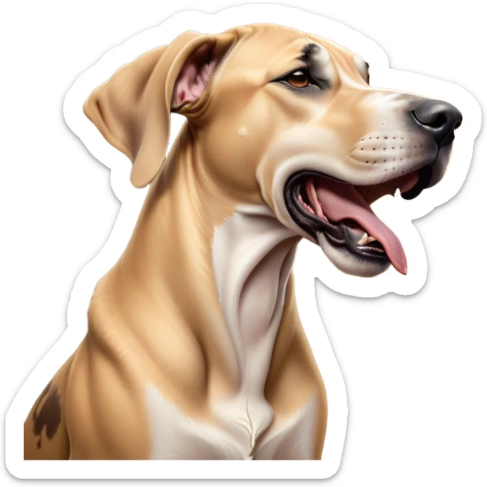 Cinematic Cute Yawning Fawn Great Dane Portrait Emoji, Head tilted slightly with a dramatic, wide-open yawn, revealing a smooth fawn Fur with a refined texture, floppy ears slightly drooping, round amber eyes barely open in drowsy contentment, Simplified yet irresistibly adorable features, highly detailed, glowing with a soft, cozy glow, high shine, relaxed yet expressive, stylized with a touch of whimsy, bright and endearing, soft glowing outline, capturing the essence of a sleepy yet affectionate guardian, so drowsy it feels like it could stretch out of the screen and curl up for a nap! sticker