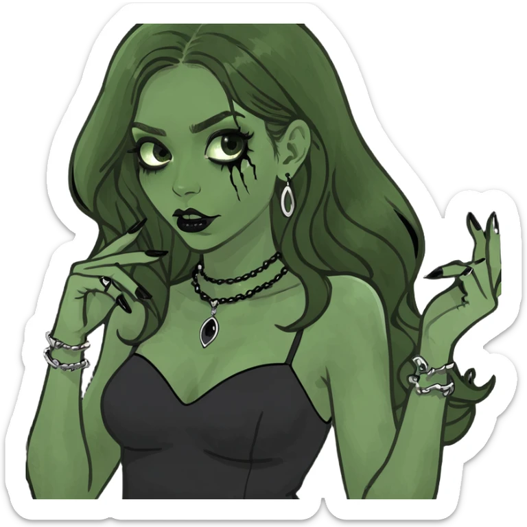 Girl with long wavy brown hair with a mini dress on, has long black nails, horror jewelry    sticker