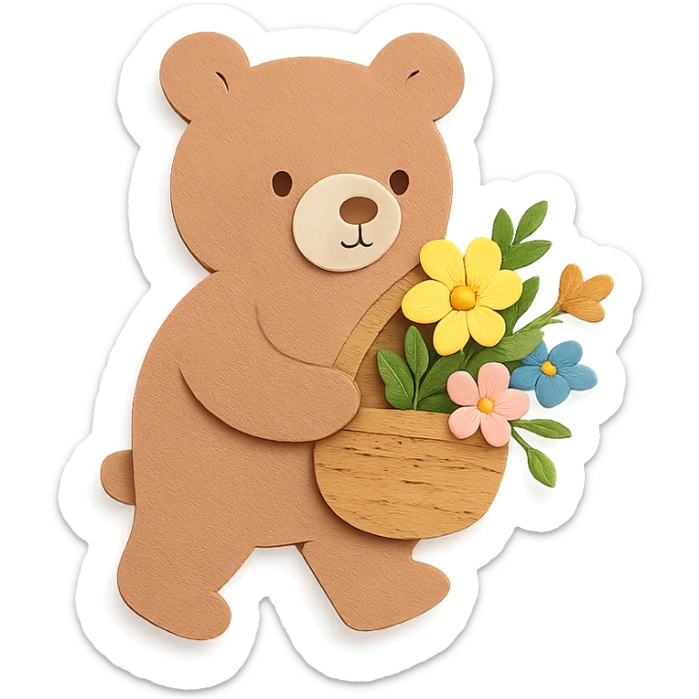 bear carrying a basket of wildflowers, soft pastel brown and cream, paper craft style sticker