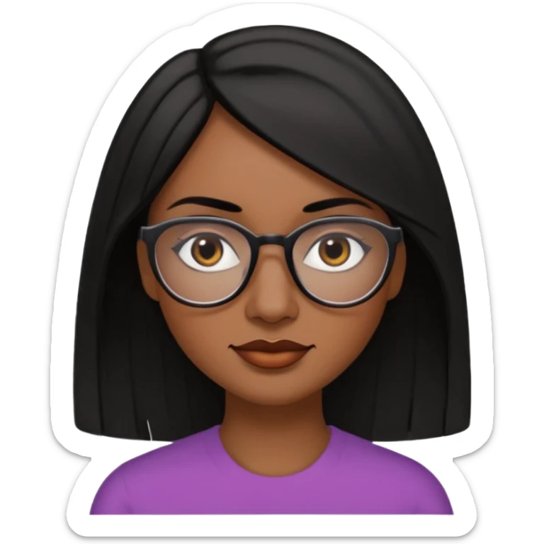 A 35 years old  woman emoji with medium-dark skin, straight shoulder-length black hair parted to the side, an oval-shaped face, arched dark eyebrows, large brown eyes with glasses, a small nose, and natural-toned lips. sticker