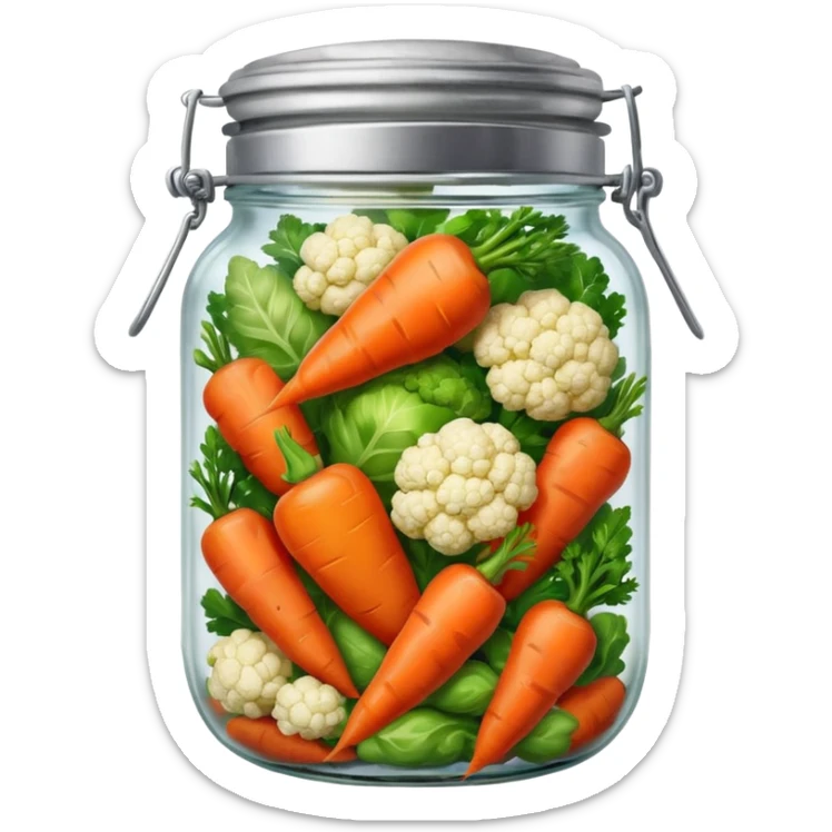 A mix jar of carrots, peppers, and cauliflower tightly sealed with a silver lid








 sticker