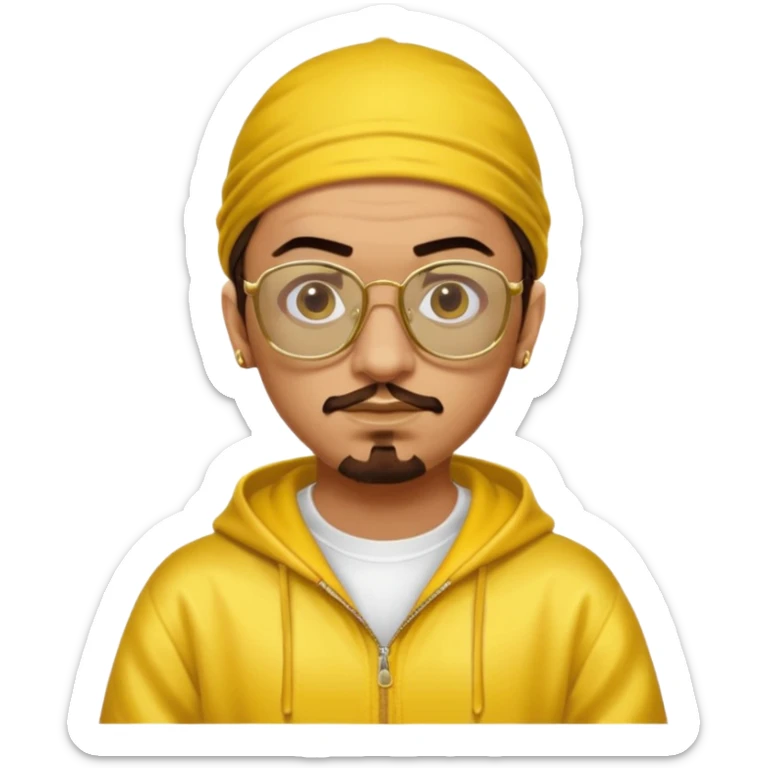 Ali G from Ali G Indahouse with brown eyes, dark brown hair, gold outfit, yellow glasses sticker