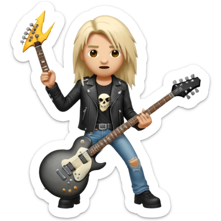 3D Apple-style emoji of a metal musician holding an electric guitar with a bold "ROCK" sign above. Long hair, black leather jacket, ripped jeans, intense expression. Rounded, glossy, smooth, soft shadows, white background.











 sticker