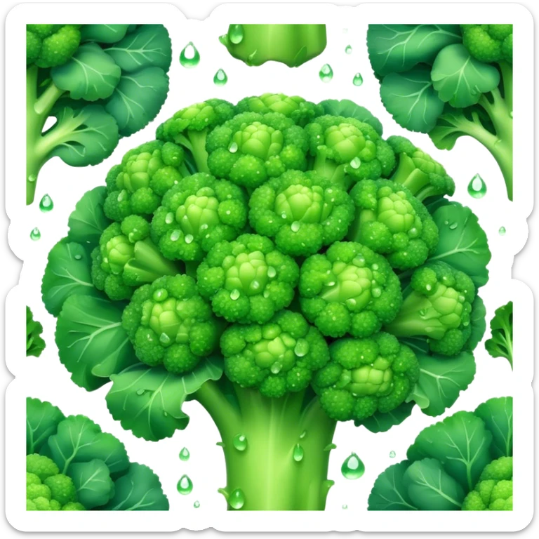 Cinematic lush green broccoli, detailed florets glistening with dewdrops, ultra-fresh and vibrant, soft glowing background, healthy and delicious. sticker