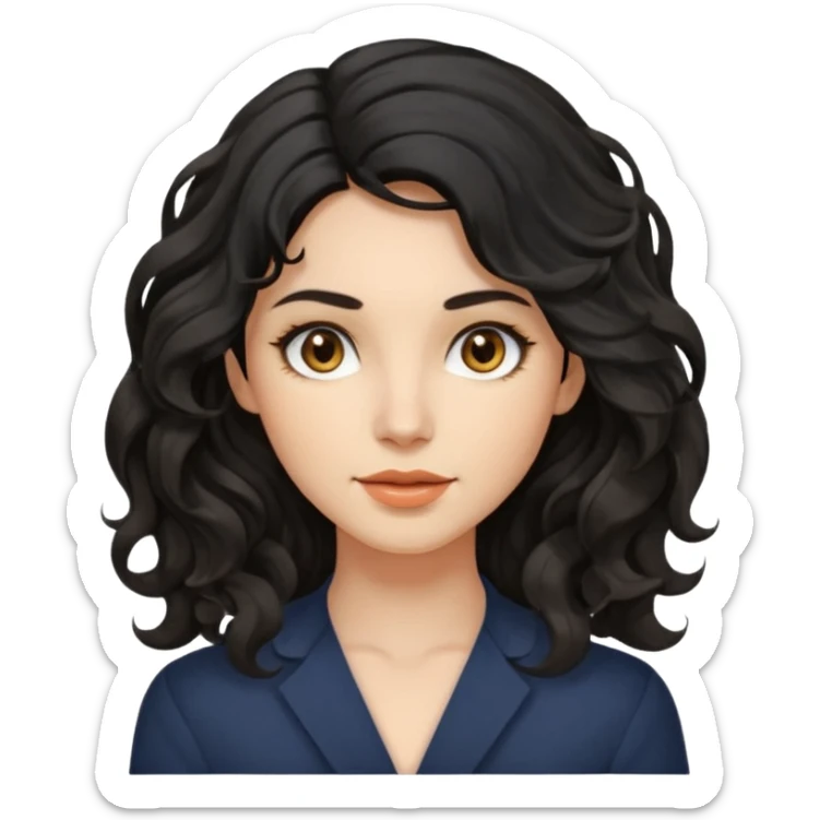 this avatar of 30th year-woman has shoulder-length black wavy hair with loose curls framing the face, and a long, pointed face with golden-brown eyes and a calm, neutral expression. sticker