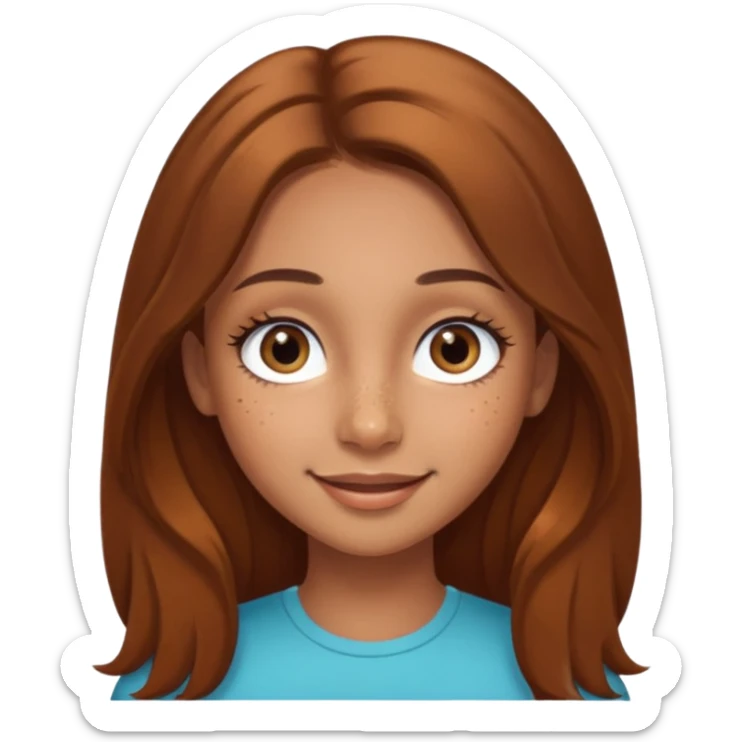 Girl with long brown hair in a middle part and light brown eyes smiling with a few freckles and beauty mark by her check and by her eye on the other side and very long eyelashes and big wide ish eyes  sticker