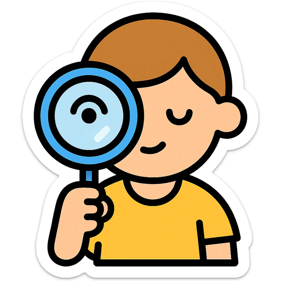 a child holding a magnifying glass up to their eye, color outline icon style sticker