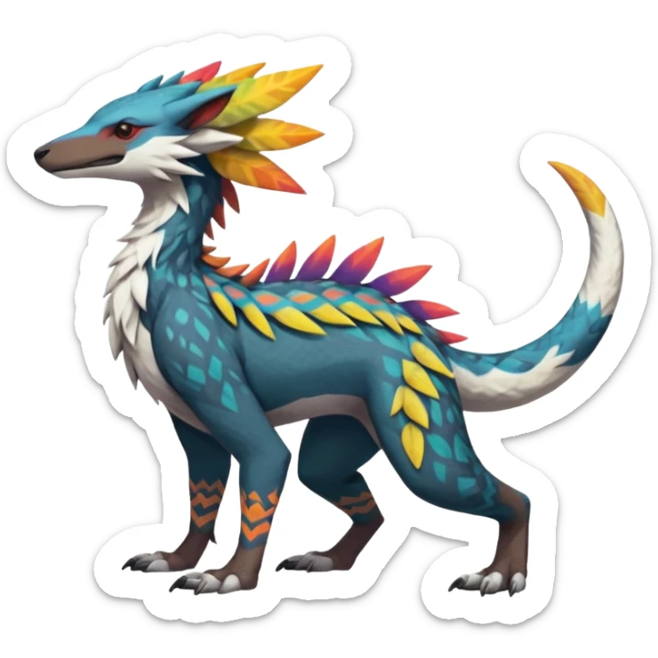 Colorful Fruity Warm-colored Tropical Tribal Shamanic Exotic Vernid-Sergal-Trico-Silvally-Nargacuga-fusion-hybrid-animal-creature, full body sticker