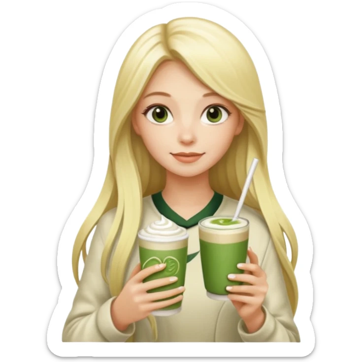 blonde luxury long hair girl with 1 matcha latte and 2 straws sticker