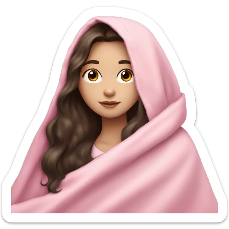 girl with long dark brown hair with pale skin cuddled in a pink blanket sticker