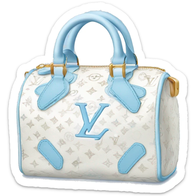 White Designer Louis Vuitton bag with baby blue monogram and baby blue trim sticker