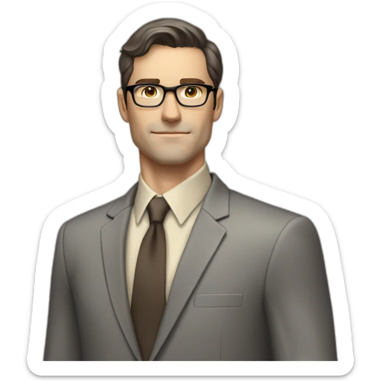 Full height Pale skinned Fit Man With dark brown hair in classic gray suit, beige office shirt, dark gray tie, and vintage glasses. His hands lock sticker