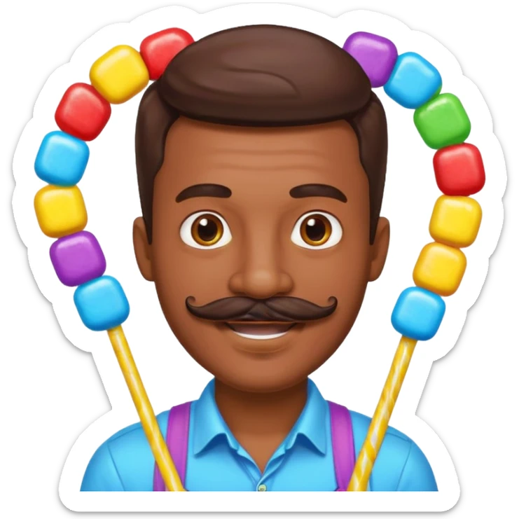 man with a lot of accessories and mustache made out of candy sticker