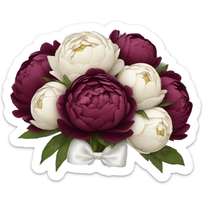Big bouquet of burgundy peonies with a white satin ribbon sticker