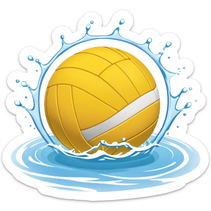 An icon featuring a yellow water polo ball floating on the water with goals in the background, inside a swimming pool. The design includes splashes and ripples, symbolizing the fast-paced action and strategy of water polo. Transparent background highlights. sticker