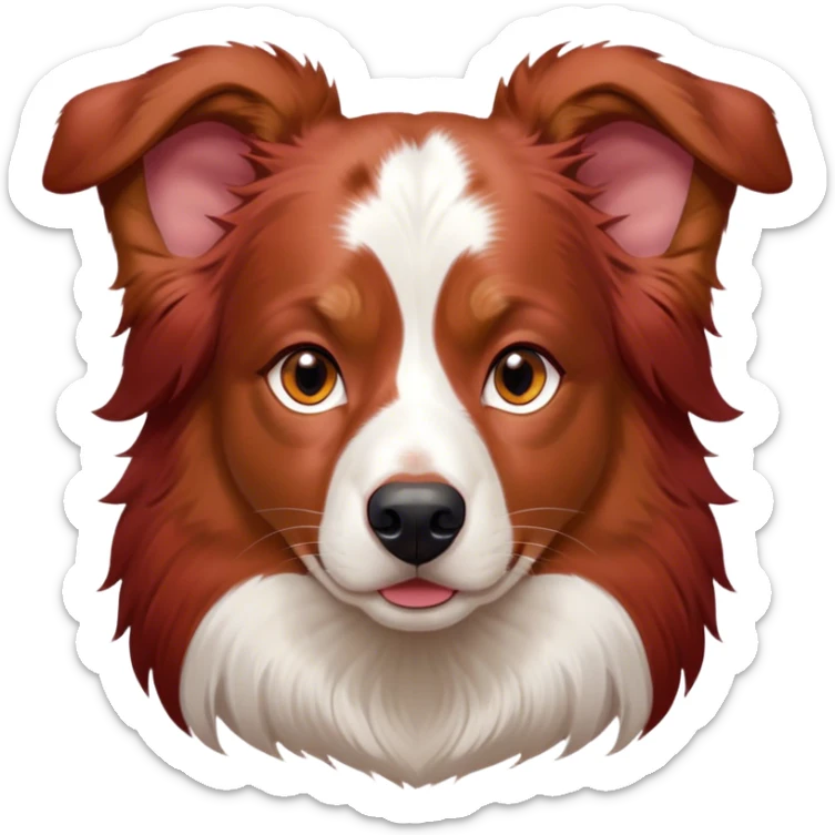 Cinematic Noble Red Merle Australian Shepherd Portrait Emoji, Poised and regal, with a strong, agile build and a stunning red merle coat accented by subtle splashes of darker red and white, piercing amber eyes, Simplified yet sharp and sophisticated features, highly detailed, glowing with a soft, dignified glow, high shine, intelligent and loyal, stylized with an air of strength, focused and attentive, soft glowing outline, capturing the essence of a watchful and confident herder, so majestic it feels as though it could step out of the screen with effortless authority! sticker