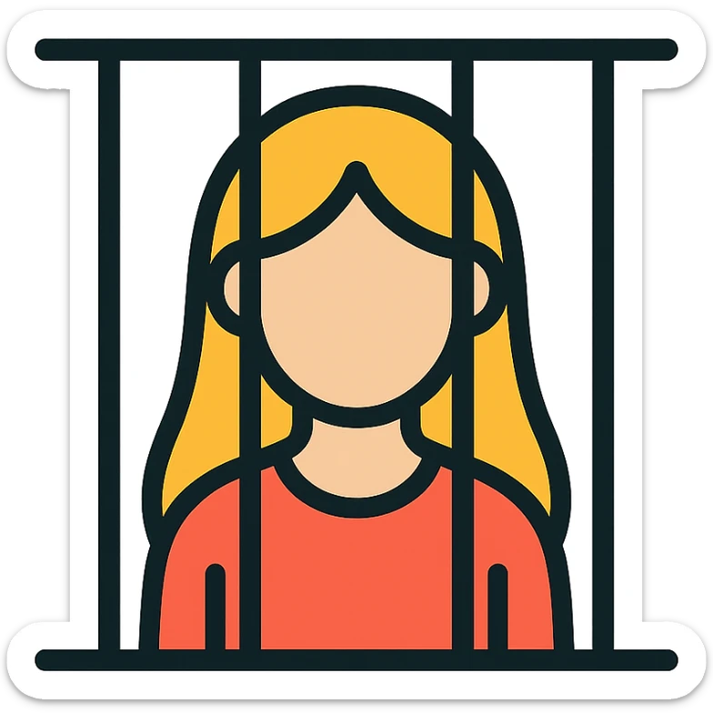golden girl with long hair stuck behind jail bars, color outline icon sticker