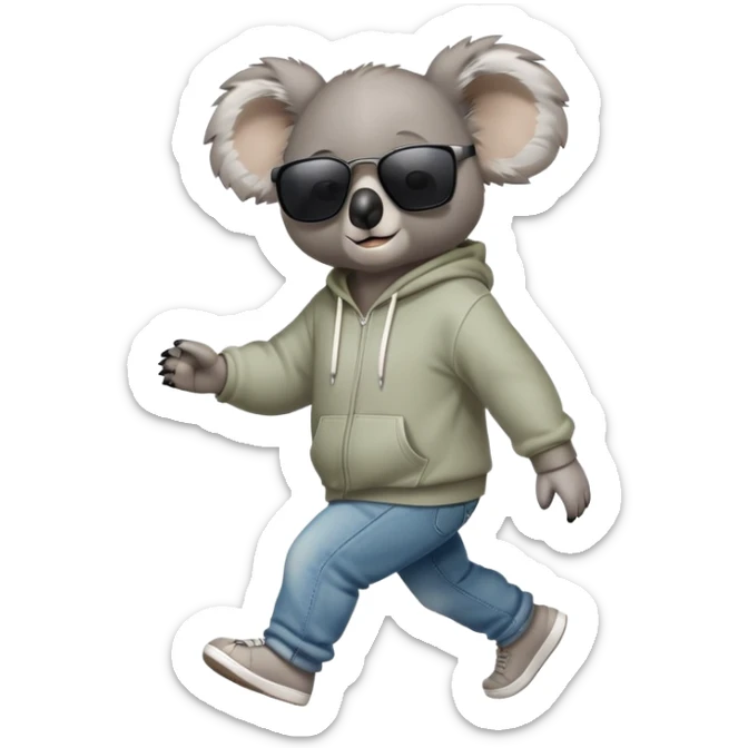 anthropomorphised koala full body wearing a hoodie and jeans dark sunglasses walking different pose sticker