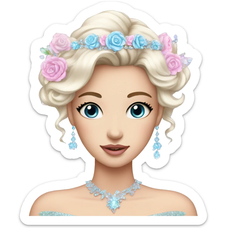 Gorgeous pastel Lady with blue eyes in a sparkly shiny dress with tiara and necklace and flowers aesthetical and trending  sticker