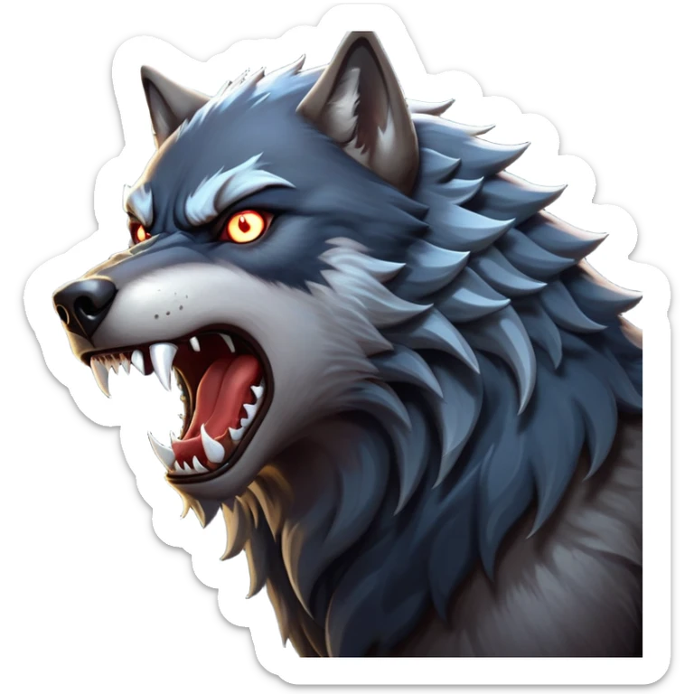 cinematic-noble-fierce-werewolf-howling-portrait-emoji, poised-and-imposing, with a fierce wolfish face tilted upwards in a haunting howl, glowing eyes full of primal ferocity, sharp, elongated fangs bared, and a rugged snout, fur rippling in shades of midnight black and silver, muscles tensed as the powerful howl echoes beneath the moonlit sky; rendered with realism, capturing the raw, untamed power of the beast in its wild, primal state sticker