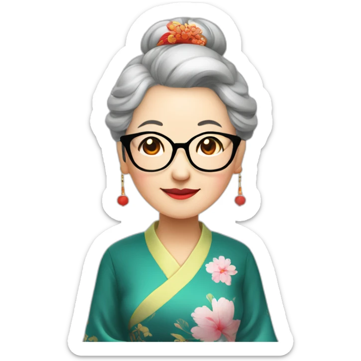 Chinese seniors lady wear Chinese traditional dress wear glasses show appreciation sign sticker