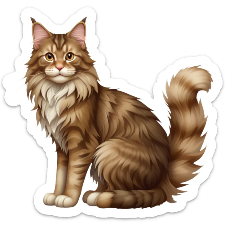 cinematic-[maine coon cat]-realistic-full-body-sitting-emoji,-tail-curled-playfully-around-its-paws,-head-tilted-dramatically,-scruffy-[maine coon]-fur,-simplified-yet-realistic-focused-features,-highly-detailed,-glowing-with-an-almost-sarcastic-glow sticker