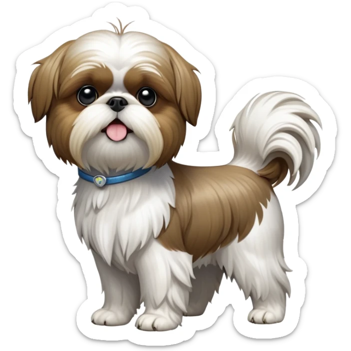 cinematic-[Shish tzu]-realistic-full-body-standing-emoji,-tail-resting-loosely-beside-its-paws,-head-tilted-dramatically, -scruffy-[white]-fur,-simplified-yet-realistic-focused-features,-highly-detailed,-glowing-with-an-almost-sarcastic-glow sticker