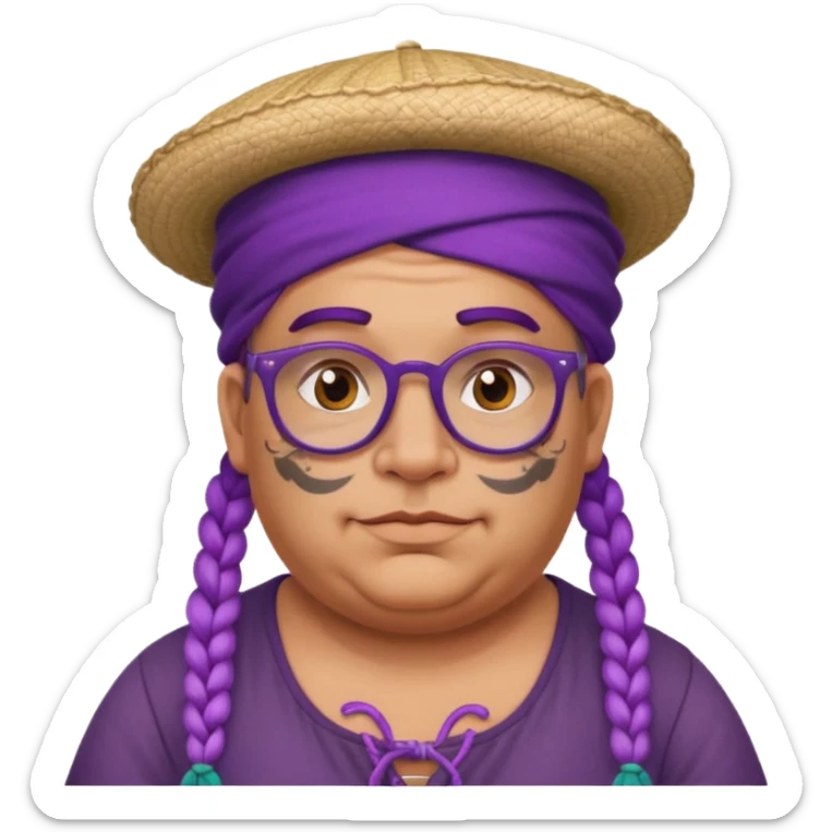 very tattoed face, normal glassess, fat venice gondolier with iconic hat and purple thick braided hair sticker