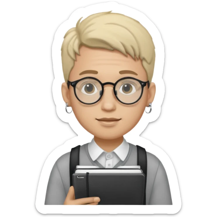 A man in his 20s wearing an apnotebook, wearing radio earrings, round glasses, achromatic clothes sticker