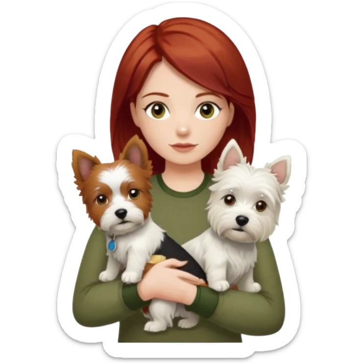 Westhighland white terrier dog being held by woman with dark shoulder length red hair and hazel eye wearing olive green top sticker