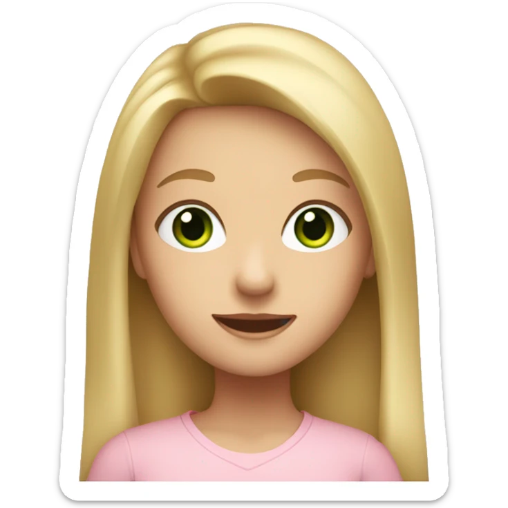 A girl with long blonde hair, with green eyes, and wearing a light pink shirt sticker