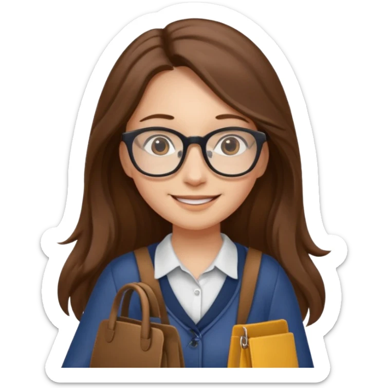 brown long hair woman, going to university wearing a glass, looks pretty no backpack just cure bag  sticker