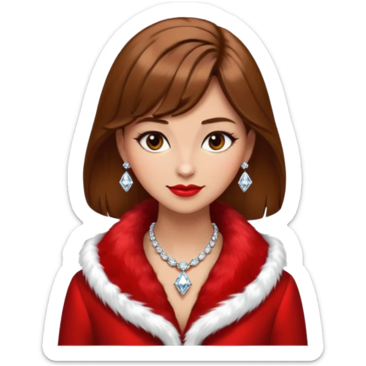 * Character: A stylish lady,brown hair
* ﻿﻿Clothing: A luxurious red fur coat
* ﻿﻿Accessories: A dazzling diamond necklace
* ﻿﻿Expression: Confident, elegant, maybe slightly glamorous
* ﻿﻿Pose: Head slightly tilted or a poised posture
* ﻿﻿Style: Emoji-like, simple but expressive sticker