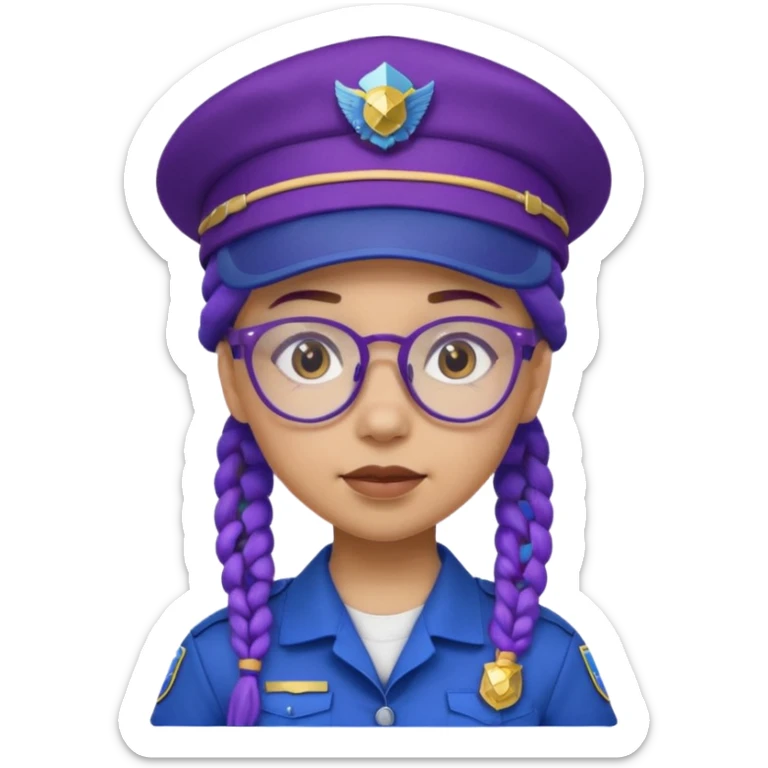 blue uniform wearing scout kid with purple braids and glassess with blue scout hat sticker