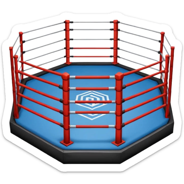 MMA cage arena object icon, octagon fighting cage with metal fence walls, padded corner posts, professional combat arena, 3D cartoon style, mobile game icon style, centered, clean background, no people, no text, no watermark
 sticker