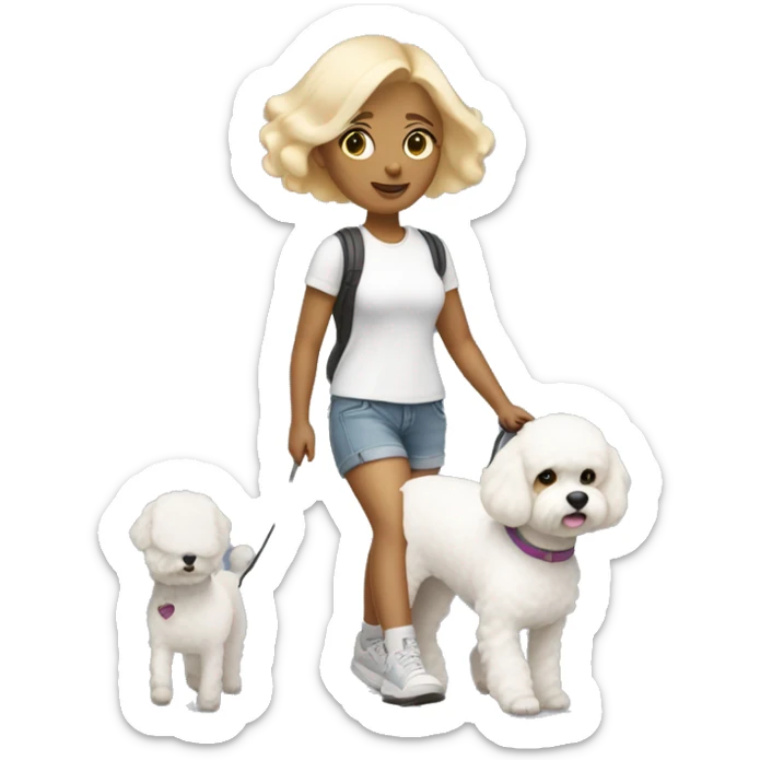 small white woman with short bobbed blonde hair wearing a nice shorts outfit walking a white bichon dog sticker