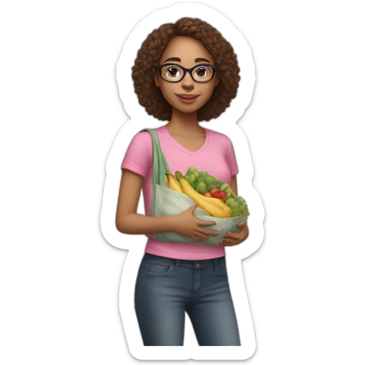 young light-skinned girl with brown hair, transparent glasses and a pink tote bag filled with groceries sticker